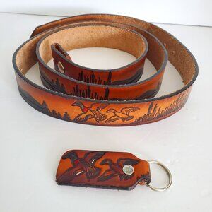 Mens 54" Belt Tooled Saddle Leather Hunting Ducks, Mountain Scene, plus Keychain